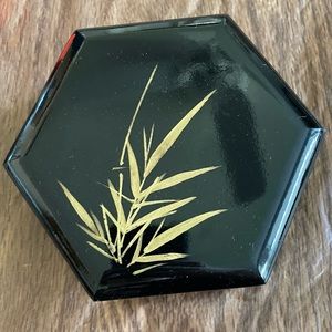 Black Laquer Trinket Box With Lid, Hand Painted Gold Bamboo